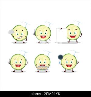 Cartoon character of slice of zucchini with various chef emoticons. Vector illustration Stock Vector