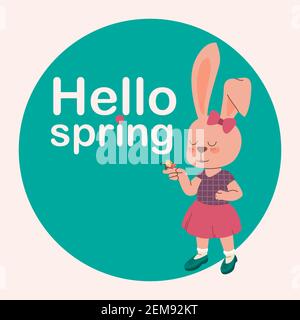 Hello Spring. Vector cartoon illustration. Bunny girl in a skirt is holding a butterfly. EPS 10 Stock Vector