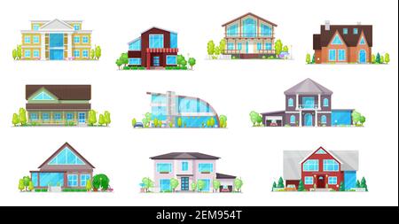 Real estate private buildings vector icons. Isolated villas, cottages and bungalow. Cartoon modern, classic design residential homes, village real est Stock Vector