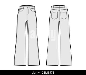 Set of Jeans wide leg Denim pants technical fashion illustration with full length, rise, 5 pockets, Rivets, belt loops. Flat bottom template front, back, grey color style. Women, unisex CAD mockup Stock Vector