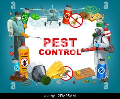 Pest control service vector poster, disinfestation and deratization sanitary. Domestic insects ticks and cockroach disinfection, agrarian bugs and lou Stock Vector