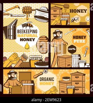 Beekeepers with honey and bee hives vector design of beekeeping farm food. Honeycomb frames and beehives with flower nectar jars, apiary tools, smoker Stock Vector