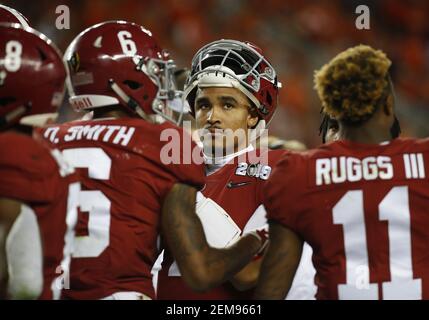 Alabama Crimson Tide quarterback Jalen Hurts talks to reporters during  media day prior to the NCAA Football National Championship, in Tampa,  Florida on January 7, 2017. Alabama will take on the Clemson