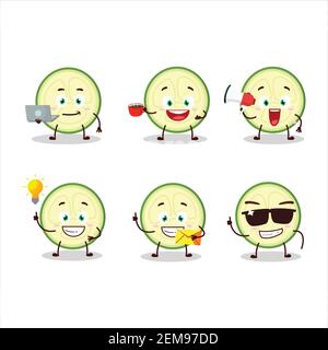 Slice of zucchini cartoon character with various types of business emoticons. Vector illustration Stock Vector