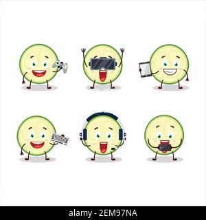 Slice of zucchini cartoon character are playing games with various cute emoticons. Vector illustration Stock Vector