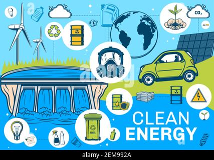 Alternative green energy and planet earth environment conservation, vector poster. Nature green energy and renewable resources, power plant and solar Stock Vector