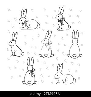 A set of contour drawings of a cute rabbit with a bow. Doodles for your creativity. Suitable for childrens coloring books or Easter cards. Hand-drawn Stock Vector