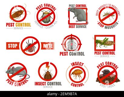 Pest control vector icons with insects and animals. Mosquito, cockroach, mouse and rat, fly, mite or tick, flea, colorado beetle and grasshopper, term Stock Vector