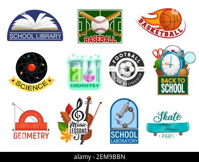 Education vector icons of back to school, science, music and sport lessons design. Book, chemical laboratory microscope, tubes and flask, soccer, bask Stock Vector