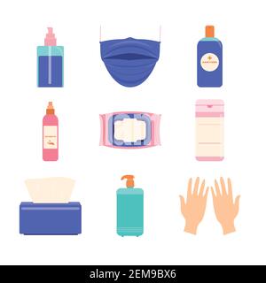Hygienic products for disinfection and protection from virus and bacteria isolated on white backdrop Stock Vector