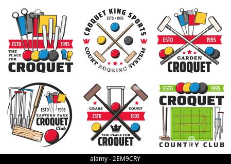 Croquet sport isolated icons with vector game balls, mallets and wickets or hoops, scoring post and corner flags on green court. Croquet sport club an Stock Vector