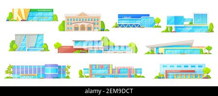 Supermarket and public library building isolated vector icons with store, shopping mall, shop and market, grocery and book house. Retail and education Stock Vector