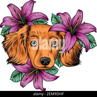 Portrait of a Spaniel dog in a flower head wreath. Vector illustration. Stock Vector