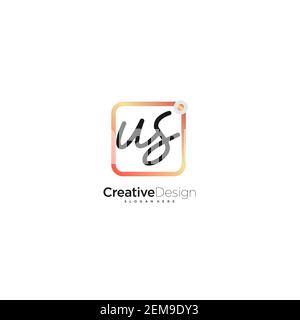 US Initial Letter handwriting logo hand drawn colorful box vector, logo for beauty, cosmetics, wedding, fashion and business, and other Stock Vector