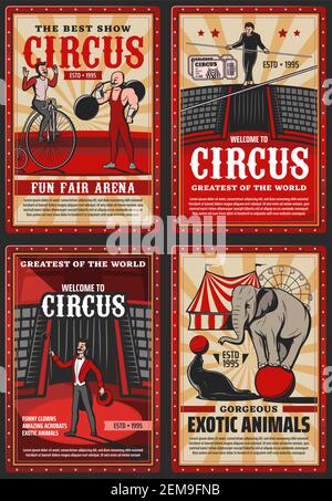 Circus and funfair arena show, vector vintage retro posters. Welcome to circus shapito performance with seal juggling and elephant balancing on ball, Stock Vector