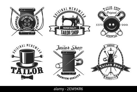 Tailor shop vector icons with sewing machine, needles and threads, buttons, pins and mannequin, retro top hat and bow tie. Sewing tool symbols of craf Stock Vector