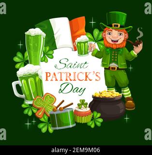 Saint Patricks Day holiday symbols in round frame. Vector leprechaun in hat drinking beer and smoking pipe, pot of gold, shamrock three leaf clover. I Stock Vector