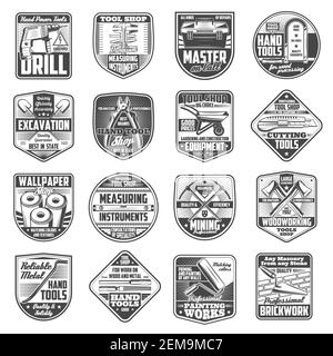 Construction work tools, house repair, carpentry, woodwork and masonry instruments shop, vector icons. Handyman building equipment, excavation and min Stock Vector