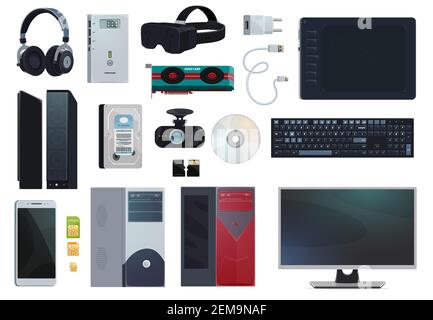 Electronic gadgets, digital technology devices and computer appliances, vector items. Mobile phone SIM cards and charger, PC monitor and stylus pad vo Stock Vector
