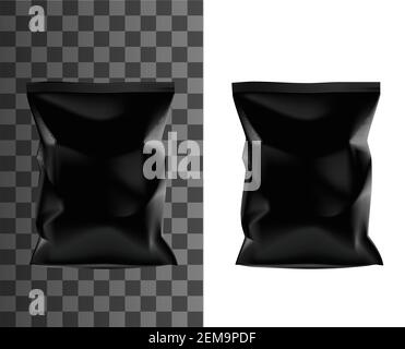 Black sachet pouch, vector realistic 3D product package mockup template. Black plastic foil bag, chips or food snacks products doypack pouch sachet wi Stock Vector
