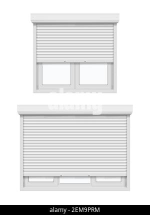 Windows with roller shutters, half opened. Vector 3d realistic white plastic casement windows with metal or aluminum rolling blinds and UPVC frame pro Stock Vector