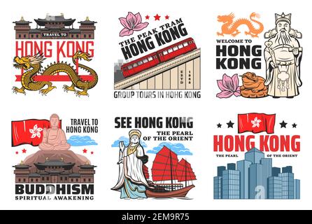 Hong Kong travel landmarks, culture and history city sightseeing tours, tourism agency vector icons. Welcome to Hong Kong, Buddhist temples and pagoda Stock Vector