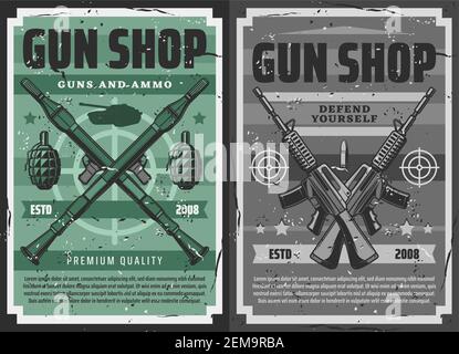 Gun shop and military ammunition weapon store, vector retro vintage posters. Defense weaponry, shooting range machine guns, bullets and bomb launchers Stock Vector
