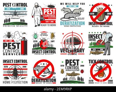 Pest control, insects extermination and rodents deratization service vector icons. Domestic and agriculture pest control, disinfection and fumigation Stock Vector