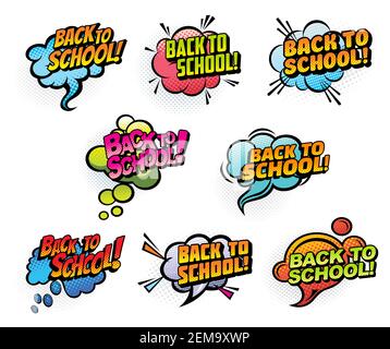 Back to school vector comics speech bubbles, education symbols. Cartoon halftone chat, thought and scream balloons, dialogue, talk and word clouds wit Stock Vector