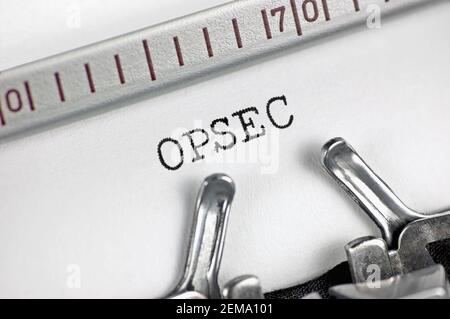 Operations security acronym OPSEC text macro closeup typewriter typed mission eavesdropping, etc. risk indicators analysis management planning concept Stock Photo