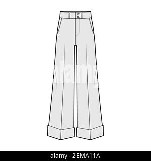 Pants oxford tailored technical fashion illustration with low waist, rise, full length, slant slashed jetted pockets. Flat trousers apparel template front, grey color. Women men unisex CAD mockup Stock Vector