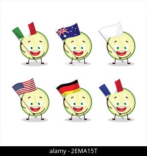 Slice of zucchini cartoon character bring the flags of various countries. Vector illustration Stock Vector