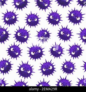 Virus seamless pattern, cartoon microbes on white background. Germs and corona virus rna covid 19 barbed purple cells with angry faces and eyes. Coron Stock Vector