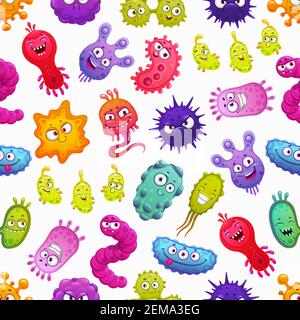 Virus, bacteria and germ vector seamless pattern with cute microbe monster characters. Cartoon background with cells of infectious disease pathogens, Stock Vector