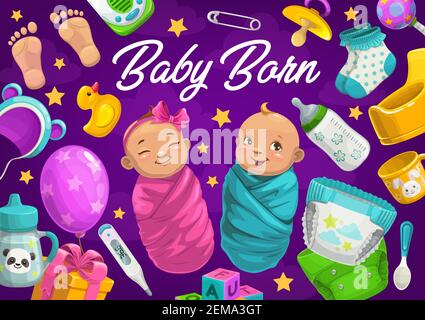 Newborn baby boy and girl vector card of baby shower. New born kids with child care accessories, bottles, diapers, rattle and pacifier, spoon, pin, gi Stock Vector
