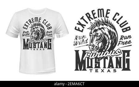 Mustang horse, vector print for t-shirt mockup. Wild stallion symbol, equine horse racing and Texas equestrian riders extreme sport club t shirt sign Stock Vector