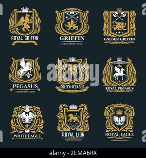 Heraldic royal vector icons of golden griffin, eagle, pegasus and lion symbols. Medieval gold heraldry signs and coat of arms with imperial castle, sw Stock Vector