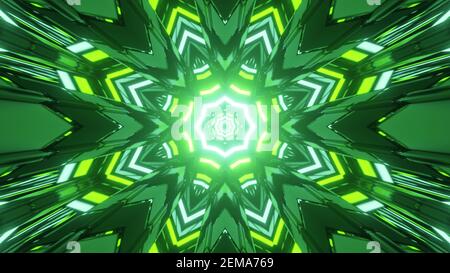 3D illustration of green and yellow kaleidoscope pattern with bright illumination Stock Photo