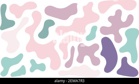 Irregular blob, set of abstract organic shapes. Pink and green irregular random blobs. Simple liquid amorphous splodge. Trendy minimal designs for presentations, banners, posters and flyers Stock Vector