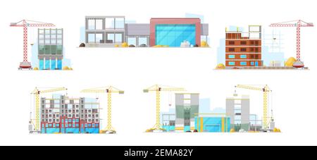 Residential houses and city offices buildings in process, vector construction site icons. Unfinished houses and skyscrapers, real estate building mach Stock Vector