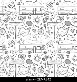 Hiking and camping seamless pattern with travel elements. Seamless pattern for design, posters, backgrounds Hiking, travel and camping theme. Camper, sing, map, camera, binoculars in line style Stock Vector