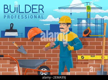 Builder with bricklayer work tools, construction industry worker cartoon vector. Mason, bricklayer or stonemason laying bricks with trowel, bricks, sh Stock Vector