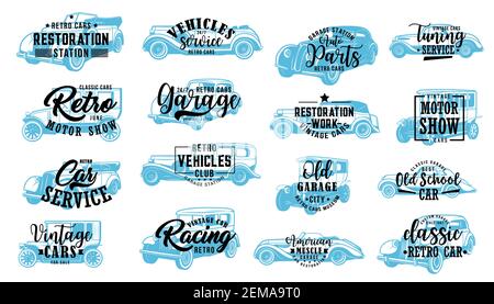 Retro vintage cars garage and restoration workshop service, vector icons. Rarity motors show and old vehicles club, cars sale salon, mechanic repair a Stock Vector