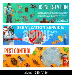 Pest control disinfestation and deratization health sanitary service, vector web banners. Domestic insects ticks, bugs and cockroach disinfection, agr Stock Vector