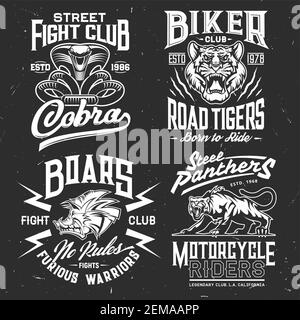 Tiger, cobra, panther and boar t-shirt print vector mockup of fight sport and biker club custom apparel template. Wild aggressive animal and attacking Stock Vector