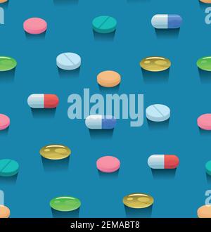 Seamless pattern with colorful bright pills and capsules. Stock Vector