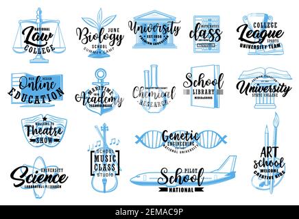 Education and science sketch icons of vector school, university, college, academy letterings. Music, sport, arts and biology classes, mathematics, che Stock Vector