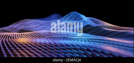 3D grid or mesh, wireframe structure, modern abstract background, audio soundwaves, sound wave visualization, glowing colours, blue, selective focus Stock Photo