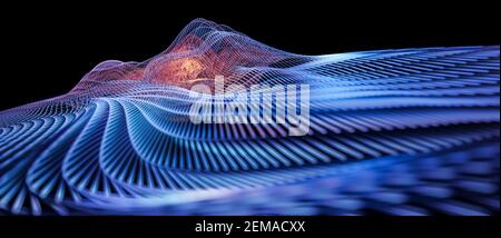 3D grid or mesh, wireframe structure, modern abstract background, audio soundwaves, sound wave visualization, glowing colours, blue, selective focus Stock Photo
