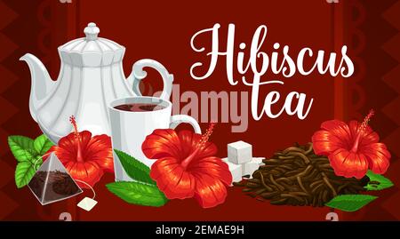 Hibiscus flower tea, vector herbal tea bags, porcelain teapotmint leaves and cups. Premium drinks tea shop, herb brew infusions from hibiscus flowers Stock Vector